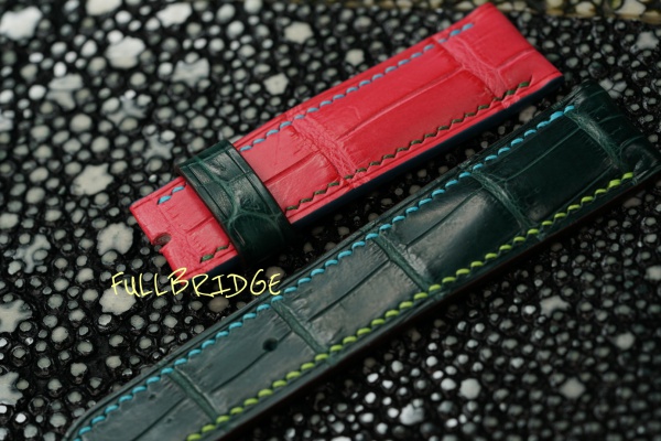 Watch Strap Bespoke／ウォッチストラップ(時計ベルト)・菱目打ち／糸色変え／ハンドステッチ(手縫い)／裏地→別注絞り染めHERMES same(エルメス)オーストリッチ／12時側.6時側共にクロコダイル x 遊革→クロコダイル／コバ(切り目)磨き仕上げ／フルオーダーメイド(ビスポーク)