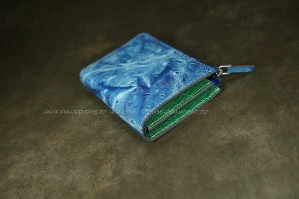 【コンパクト財布】藍絞り染めオーストリッチｘポロサスクロコダイル